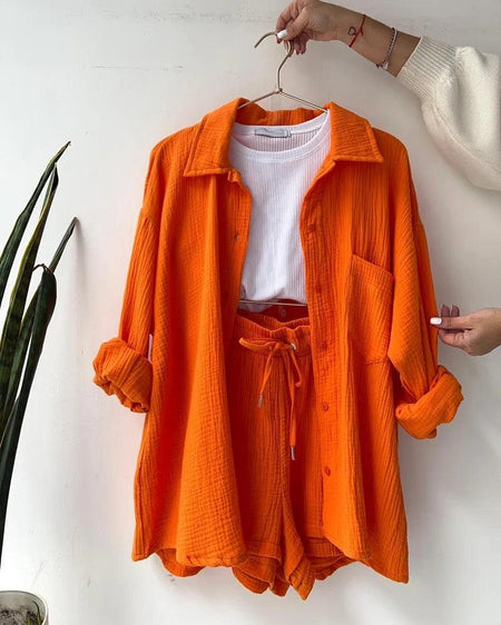 Jeremy Summer Two Piece Set - front shot on hanger, orange - Miss Mosa By Akanksha