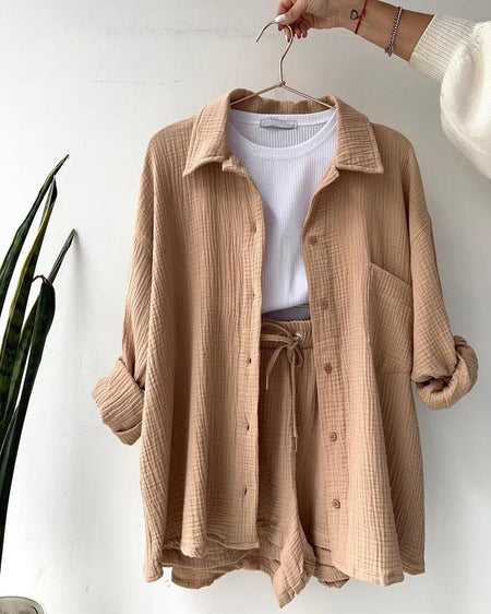 Jeremy Summer Two Piece Set - front shot on hanger, beige - Miss Mosa By Akanksha