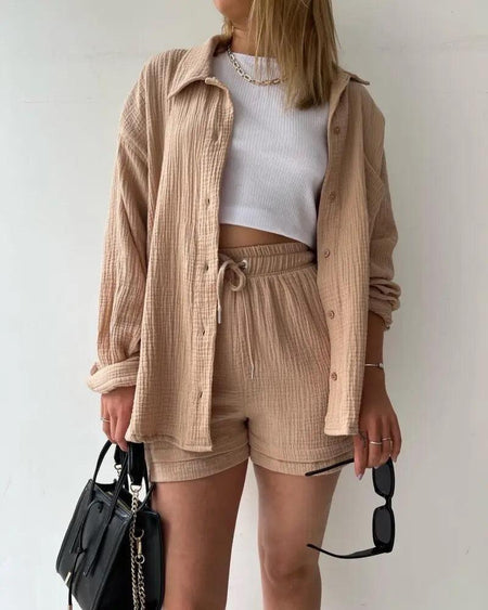 Jeremy Summer Two Piece Set - front shot on model, beige - Miss Mosa By Akanksha