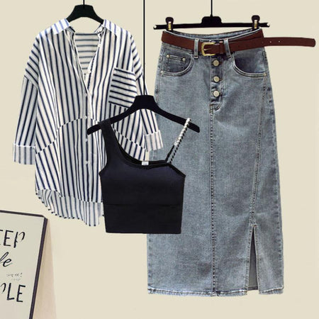 Jerold Summer Coord Set of 3 In Blue - flat-lay product shot of striped shirt, cami and denim skirt set - Miss Mosa By Akanksha