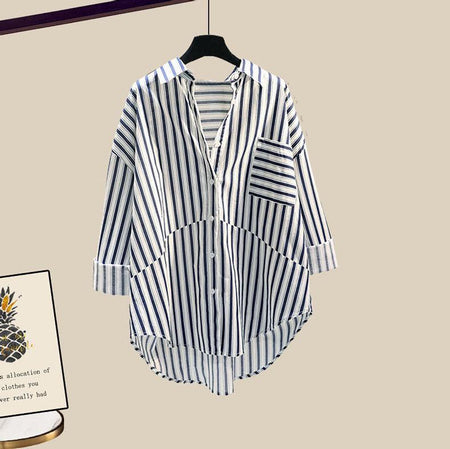 Jerold Summer Coord Set of 3 In Blue - flat-lay product shot of striped shirt on hanger - Miss Mosa By Akanksha