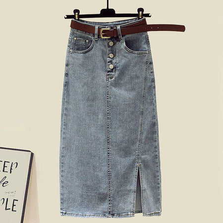 Jerold Summer Coord Set of 3 In Blue - flat-lay product shot of denim skirt on hanger - Miss Mosa By Akanksha