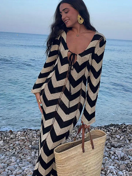 Jerrica Soft Knit Holiday Dress In Black - front shot on model at beach - Miss Mosa By Akanksha