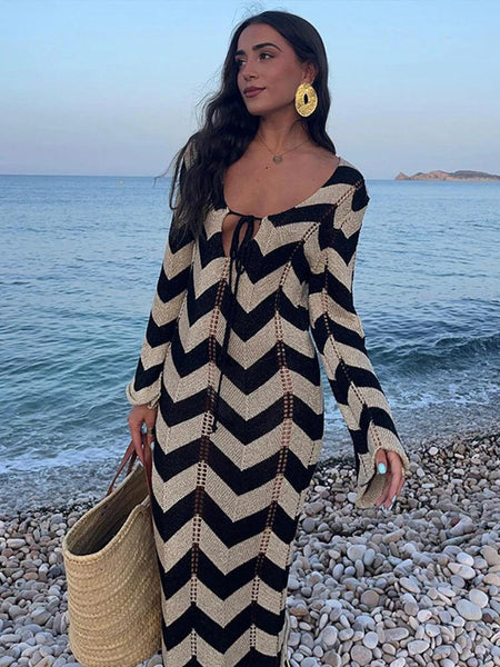 Jerrica Soft Knit Holiday Dress In Black - front shot on model at beach - Miss Mosa By Akanksha