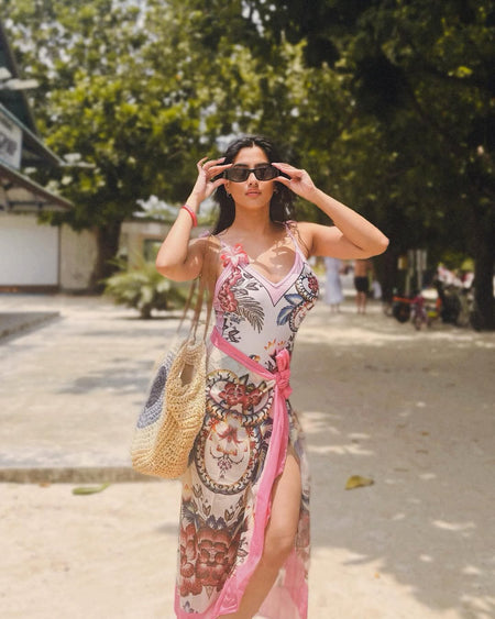 Jerry Blush Swimsuit with Sarong Skirt - lifestyle shot on model, multicolour - Miss Mosa By Akanksha