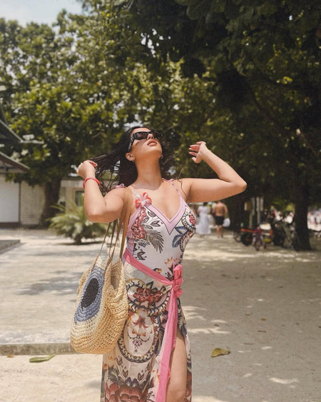 Jerry Blush Swimsuit with Sarong Skirt - lifestyle shot on model, multicolour - Miss Mosa By Akanksha
