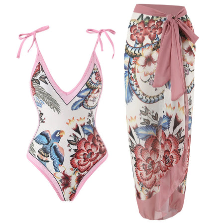 Jerry Blush Swimsuit with Sarong Skirt - flat-lay product shot, pink - Miss Mosa By Akanksha