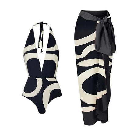 Jerry Swimsuit with Sarong In Black - flat-lay product shot, black and white - Miss Mosa By Akanksha