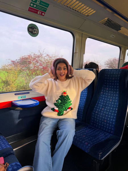 Jessie Cute Christmasy Sweater - full-length shot on model, cream - Miss Mosa By Akanksha