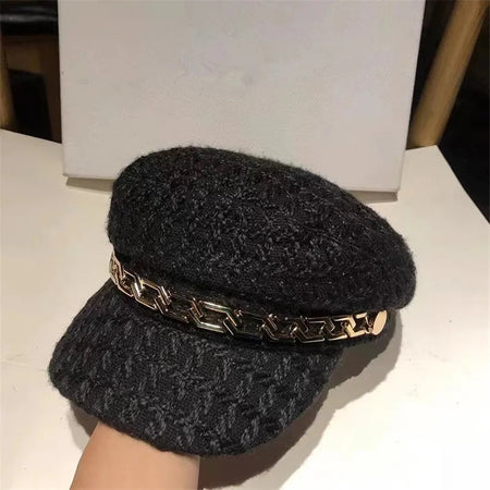 Jiah Tweed Beret Hats In White - product shot with gold chain trim - Miss Mosa By Akanksha