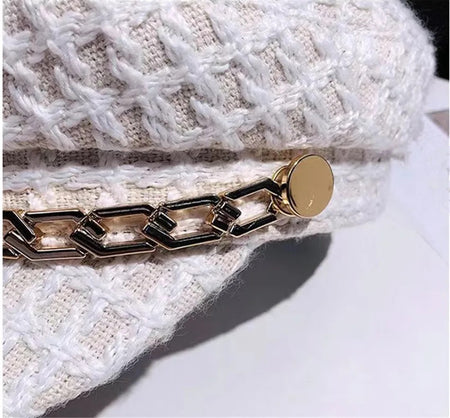 Jiah Tweed Beret Hats In White - close-up of fabric and gold chain detail - Miss Mosa By Akanksha