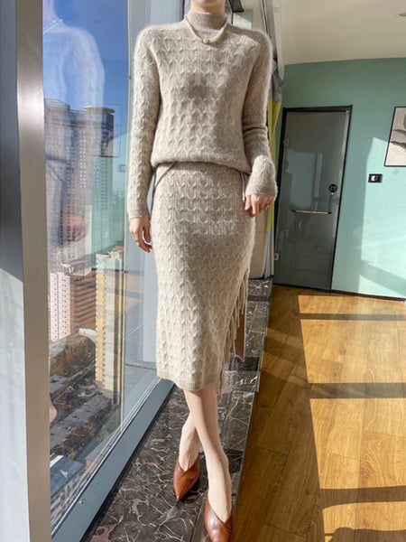 Jiah Winter Coord Set - Set of Sweater and Skirt - full-length front shot on model, beige - Miss Mosa By Akanksha