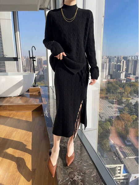 Jiah Winter Coord Set - Set of Sweater and Skirt - full-length side shot on model, black - Miss Mosa By Akanksha
