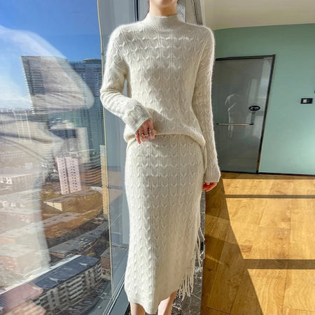 Jiah Winter Coord Set - Set of Sweater and Skirt - full-length front shot on model, white - Miss Mosa By Akanksha