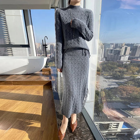 Jiah Winter Coord Set - Set of Sweater and Skirt - full-length side shot on model, grey - Miss Mosa By Akanksha