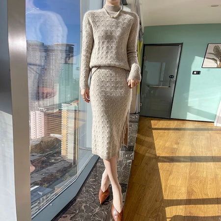 Jiah Winter Coord Set - Set of Sweater and Skirt - full-length front shot on model, beige - Miss Mosa By Akanksha