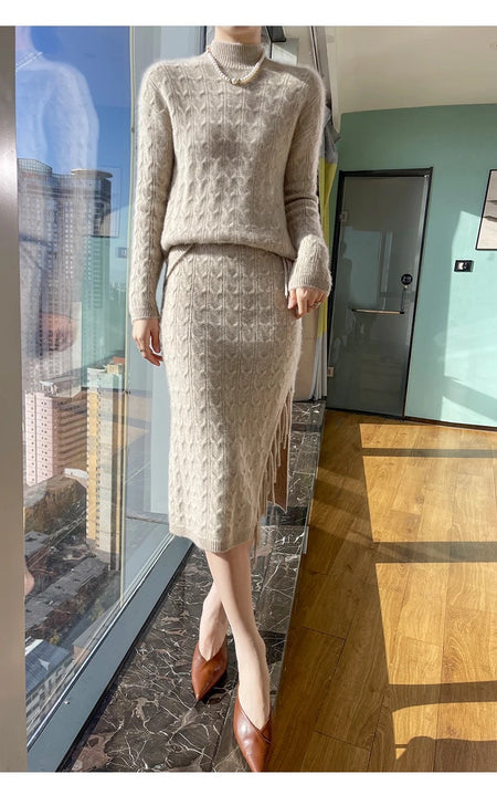 Jiah Winter Coord Set - Set of Sweater and Skirt - full-length front shot on model, beige - Miss Mosa By Akanksha