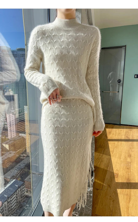 Jiah Winter Coord Set - Set of Sweater and Skirt - full-length front shot on model, white - Miss Mosa By Akanksha