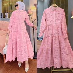 Jimmy Cotton Eyelet Midi Dress - lifestyle shot on model, pink - Miss Mosa By Akanksha