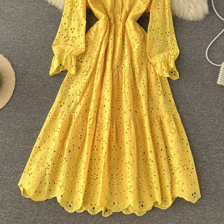Jimmy Cotton Eyelet Midi Dress In Yellow - flat-lay product shot of eyelet lace midi dress skirt - Miss Mosa By Akanksha