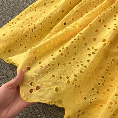 Jimmy Cotton Eyelet Midi Dress In Yellow - close-up of eyelet lace skirt hem detail - Miss Mosa By Akanksha