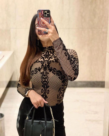 Joanne Detailed Bestseller Bodysuit In Black - front shot on model, black - Miss Mosa By Akanksha