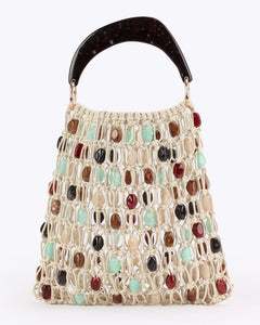 Joelle Crochet Beads Hand Bag With Pouch - front packshot, cream macrame with multicoloured beads and dark tortoiseshell handle - Miss Mosa By Akanksha