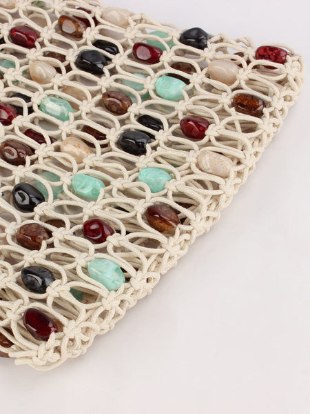 Joelle Crochet Beads Hand Bag With Pouch - close-up shot of beadwork, cream macrame with multicoloured beads - Miss Mosa By Akanksha