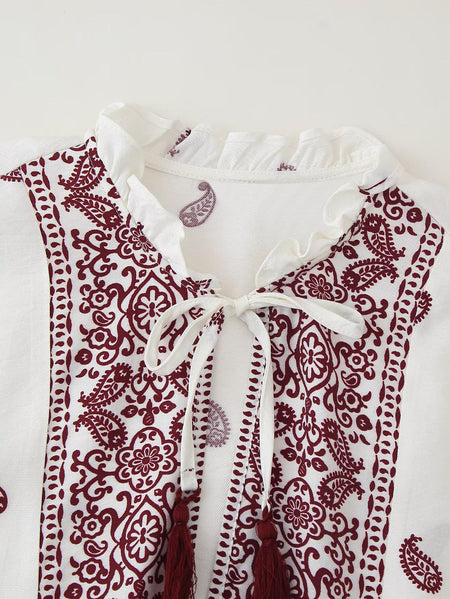 Joelle Printed Summer Top In White - close-up of neckline and tassel tie detail - Miss Mosa By Akanksha