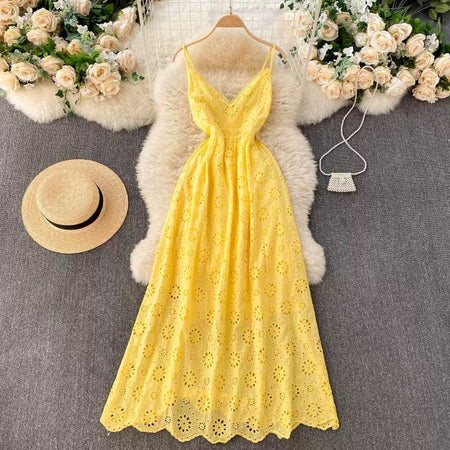 Joey Cotton Eyelet Midi Dress In Yellow - styled flat-lay shot, yellow - Miss Mosa By Akanksha