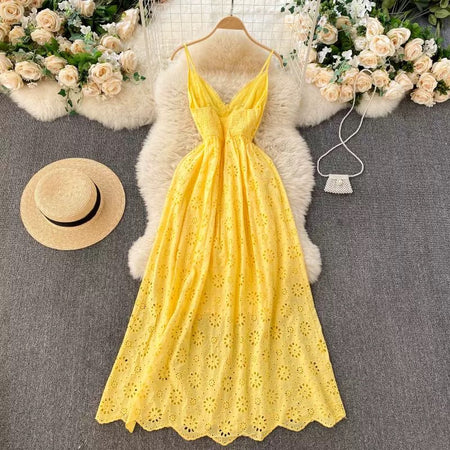 Joey Cotton Eyelet Midi Dress In Yellow - styled flat-lay shot, yellow - Miss Mosa By Akanksha