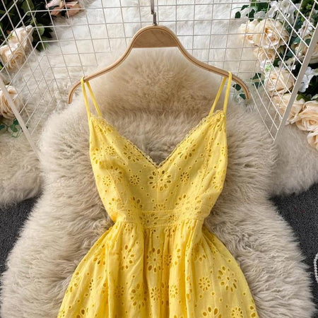 Joey Cotton Eyelet Midi Dress In Yellow - front shot on hanger, yellow - Miss Mosa By Akanksha