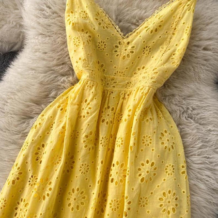 Joey Cotton Eyelet Midi Dress In Yellow - close-up of eyelet bodice, yellow - Miss Mosa By Akanksha