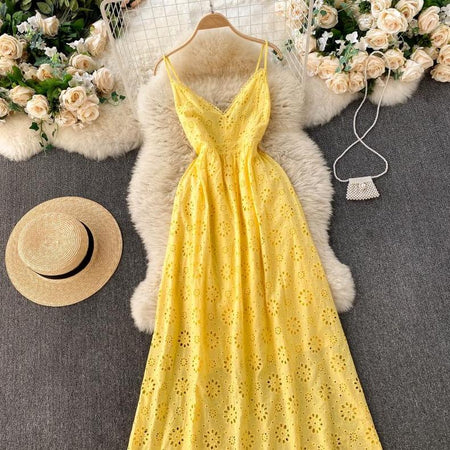 Joey Cotton Eyelet Midi Dress In Yellow - styled flat-lay shot, yellow - Miss Mosa By Akanksha
