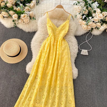 Joey Cotton Eyelet Midi Dress In Yellow - styled flat-lay shot, yellow - Miss Mosa By Akanksha
