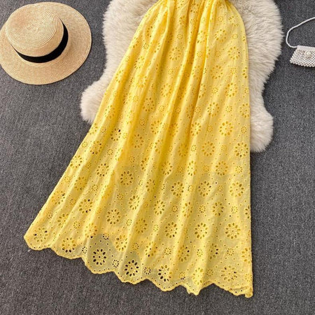 Joey Cotton Eyelet Midi Dress In Yellow - close-up of eyelet hem, yellow - Miss Mosa By Akanksha