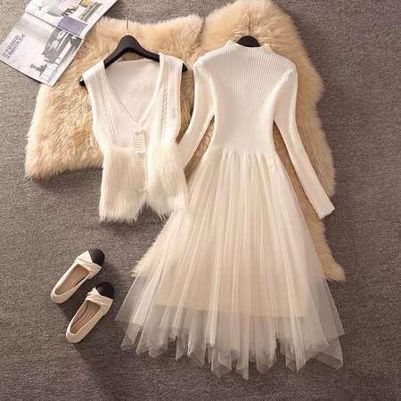 Jolie Luxe Dress with Fur Vest - flat-lay shot, cream - Miss Mosa By Akanksha