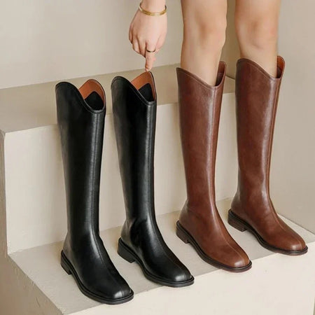 Jonas Knee High Premium Leather Boots - flat-lay shot of two pairs, black and brown - Miss Mosa By Akanksha