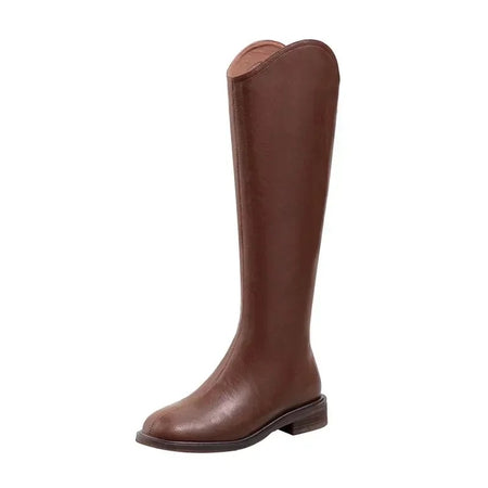 Jonas Knee High Premium Leather Boots - front shot on hanger, brown - Miss Mosa By Akanksha