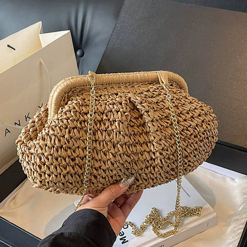 Jovie Straw Hand Bag With Chain
