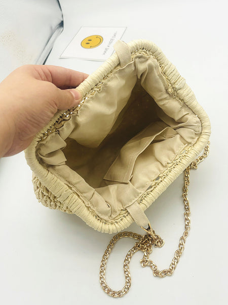 Jovie Straw Hand Bag With Chain - detail shot of the fabric-lined interior, beige woven straw with gold chain - Miss Mosa By Akanksha