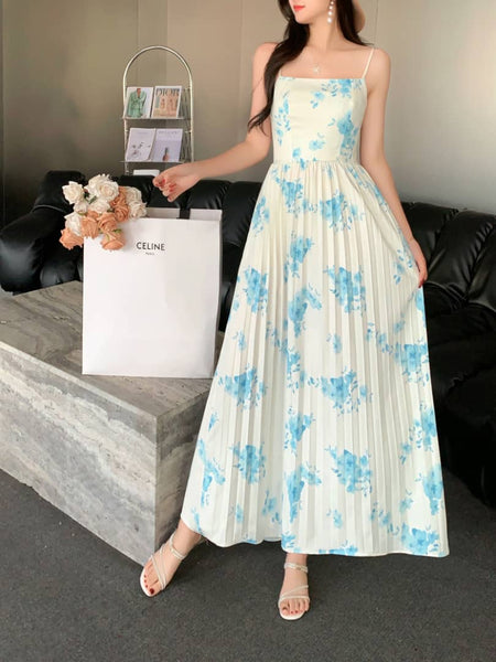 Julia Statement Floral Summer Dress - full-length front shot on model, white and blue floral - Miss Mosa By Akanksha