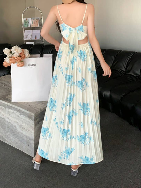 Julia Statement Floral Summer Dress - back shot on model, white and blue floral - Miss Mosa By Akanksha