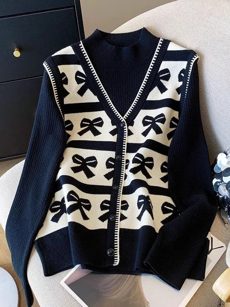 Julieta Printed Sweater - flat-lay shot, black and cream with bow print - Miss Mosa By Akanksha