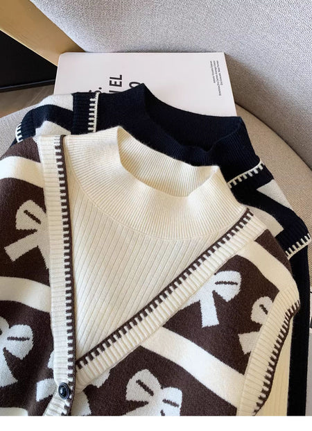 Julieta Printed Sweater - flat-lay detail shot, cream and brown with bow print - Miss Mosa By Akanksha