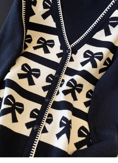 Julieta Printed Sweater - flat-lay detail shot, black and cream with bow print - Miss Mosa By Akanksha