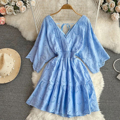 Julissa Cotton Eyelet Dress - styled flat-lay shot, blue - Miss Mosa By Akanksha