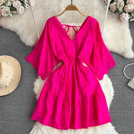 Julissa Cotton Eyelet Dress - styled flat-lay shot, pink - Miss Mosa By Akanksha