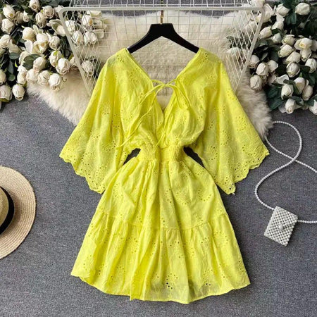 Julissa Cotton Eyelet Dress - back shot styled flat-lay, yellow - Miss Mosa By Akanksha