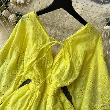 Julissa Cotton Eyelet Dress - close-up of laced back, yellow - Miss Mosa By Akanksha